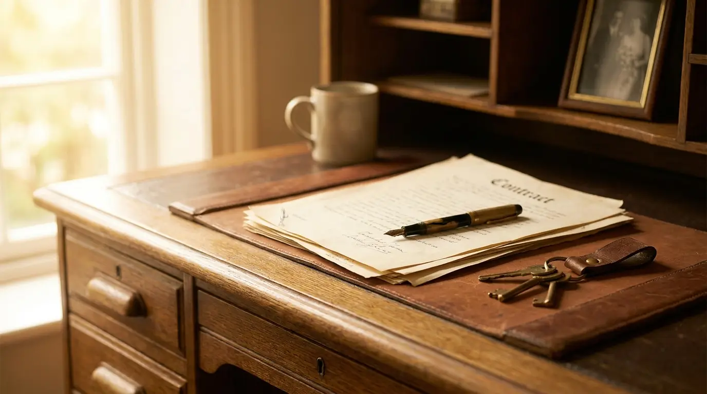 A conveyancing solicitor reviewing property contracts and searches at a desk with a calculator and keys