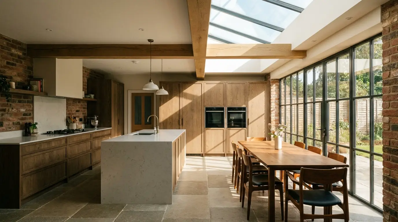 A newly renovated open-plan kitchen with modern units, an island and large bifold doors opening to a garden.