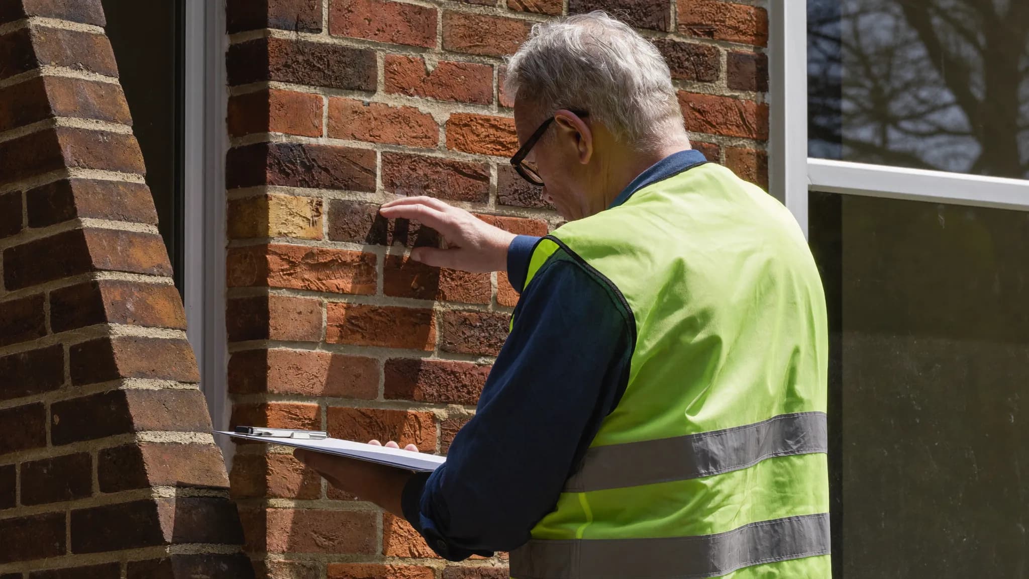 A chartered surveyor inspecting the roof and brickwork of a period property with a clipboard.