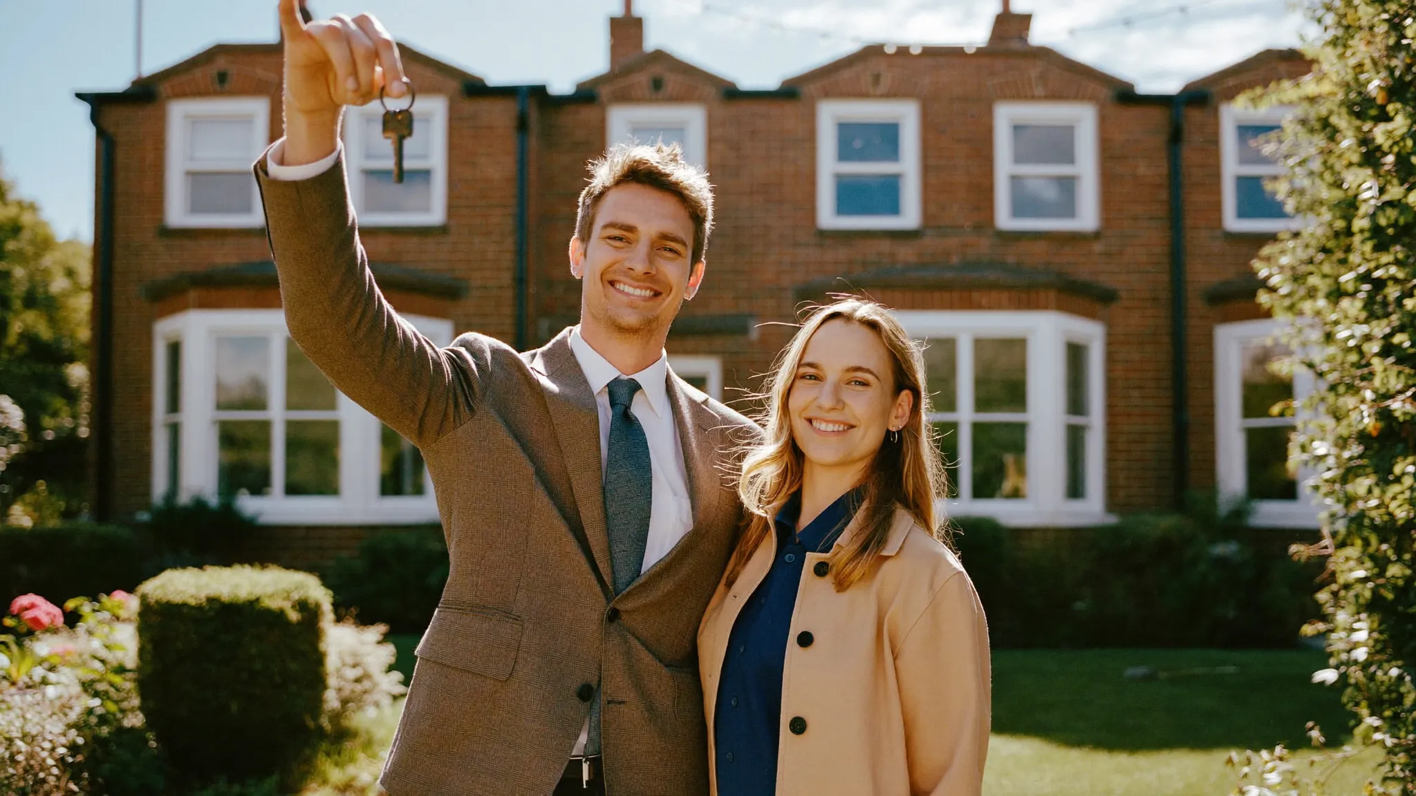 A smiling first-time buyer couple standing outside their new UK home holding a set of keys.
