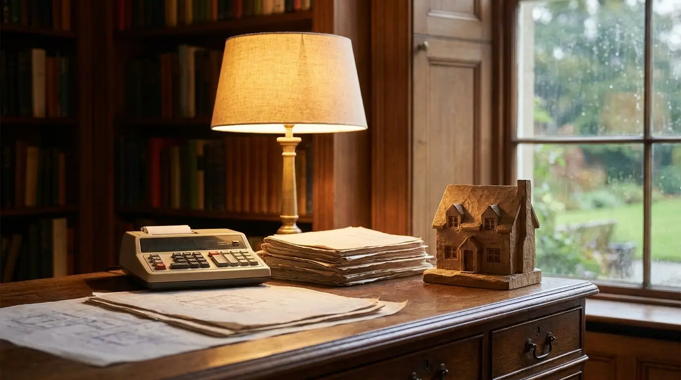 A landlord sat at a kitchen table reviewing rental accounts and tax paperwork on a laptop