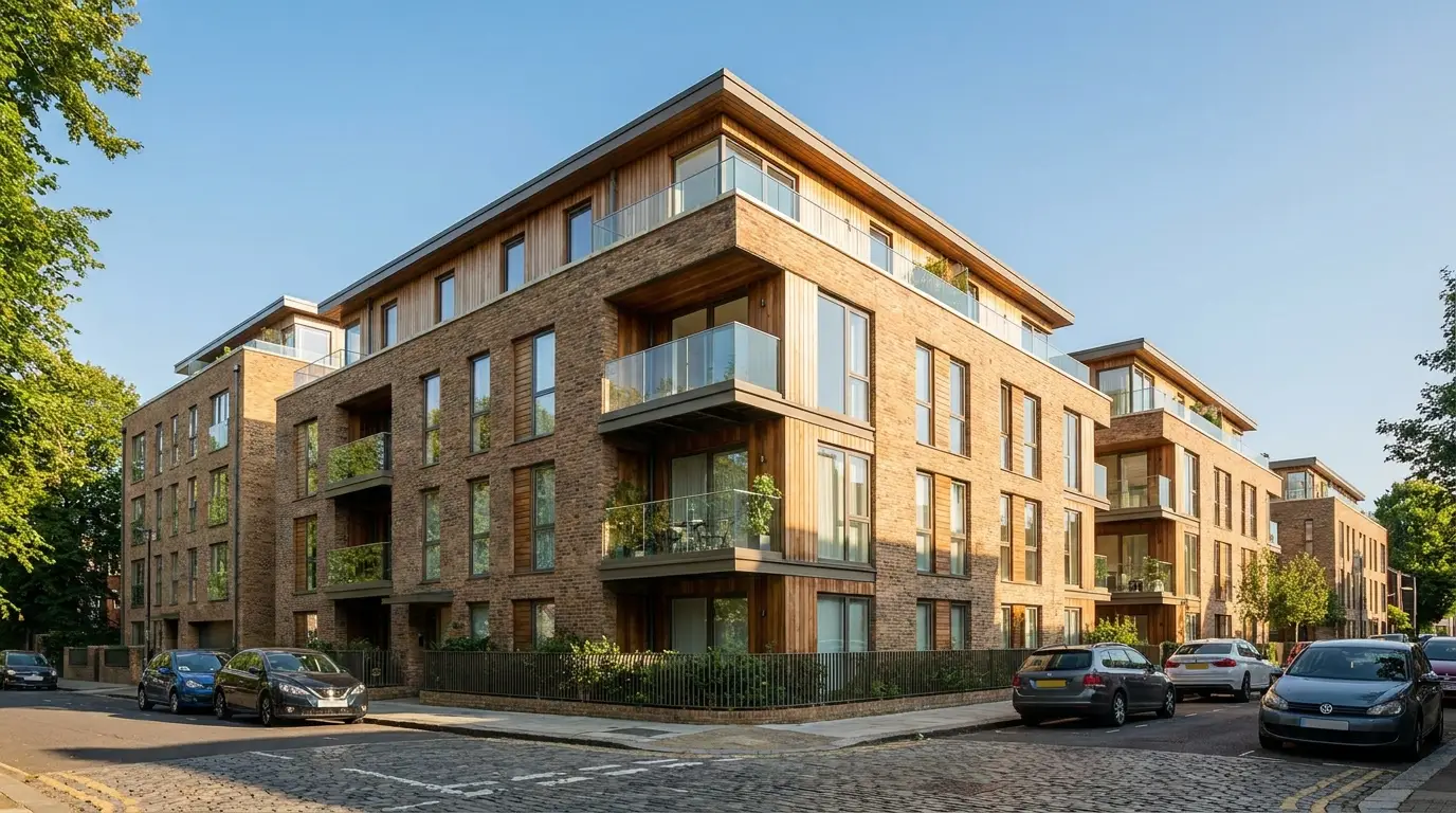 A modern apartment block with private balconies viewed from street level on a clear day