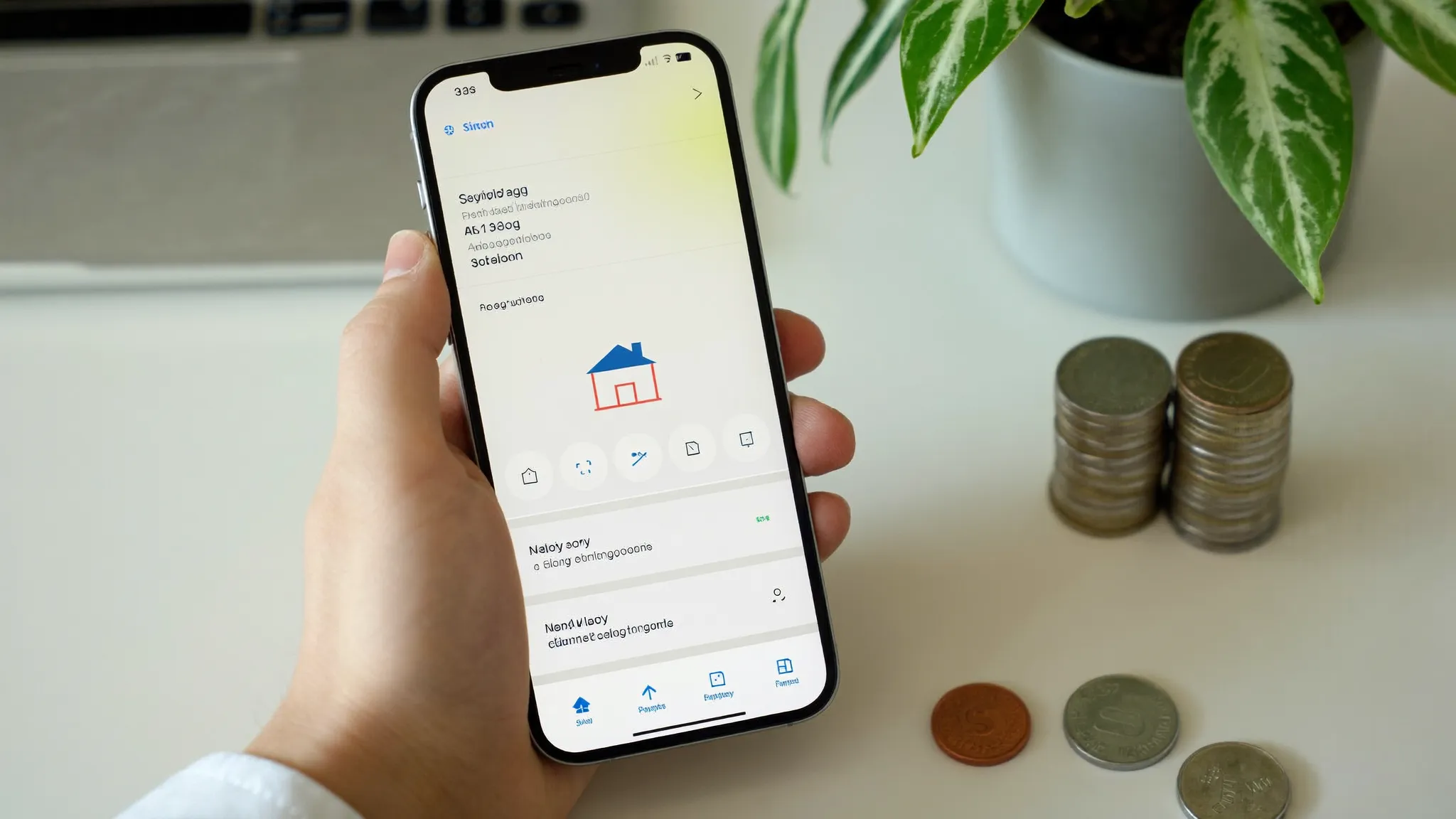 A first-time buyer reviewing a Lifetime ISA statement on a phone with a model house and coins on the desk.