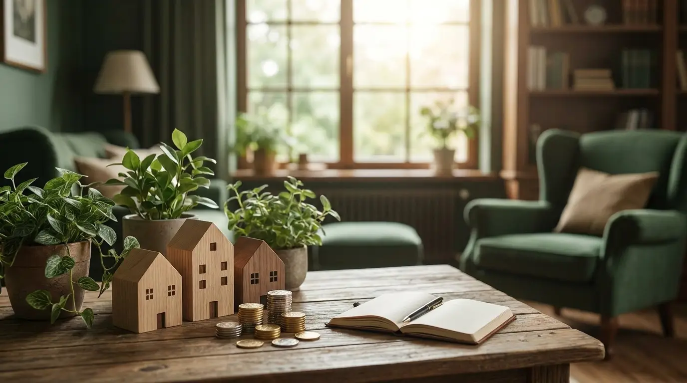 An investor comparing property figures on a tablet beside a model house and rising bar chart