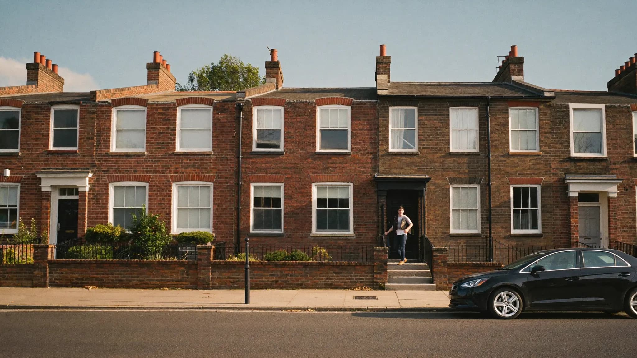 A council tenant standing at the front door of the home they are buying through the Right to Buy scheme.
