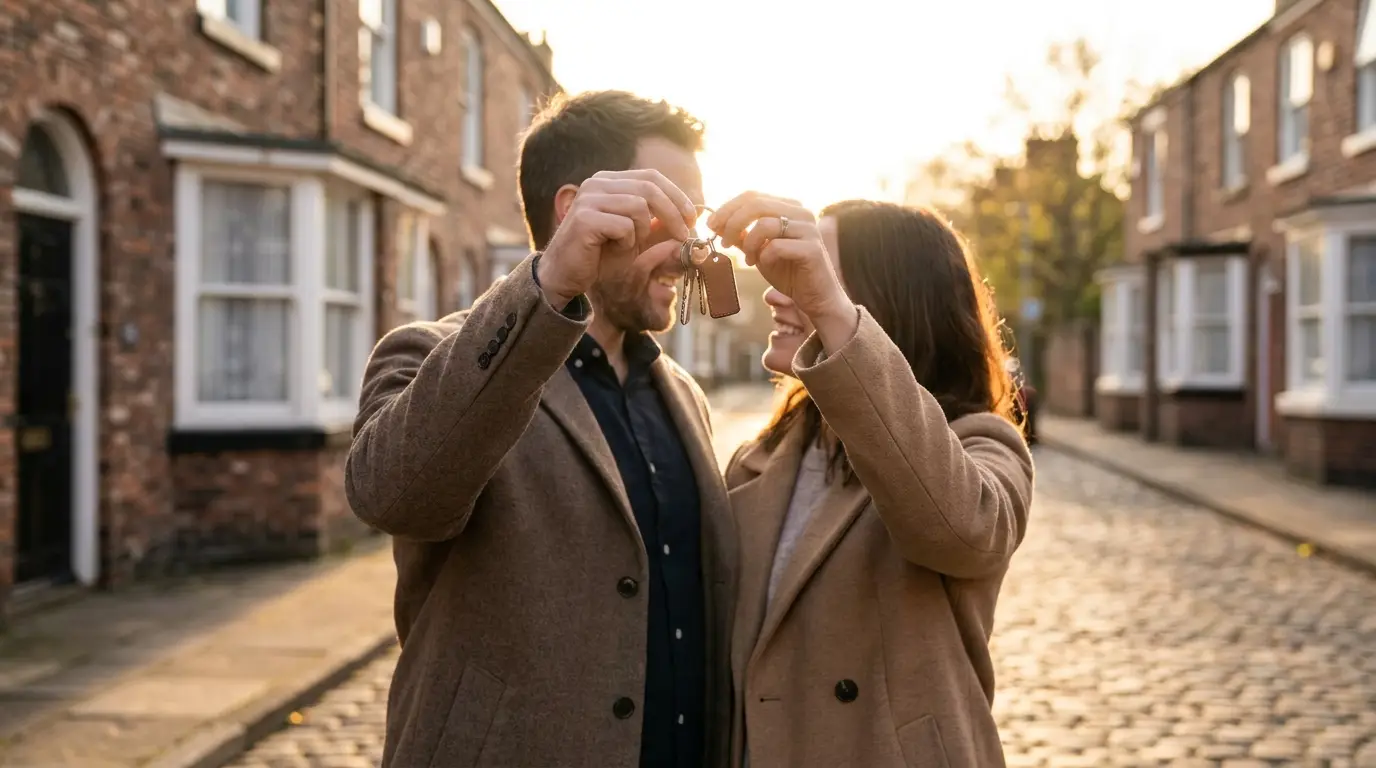 A young couple holding house keys outside the front door of their first home, smiling at the camera.
