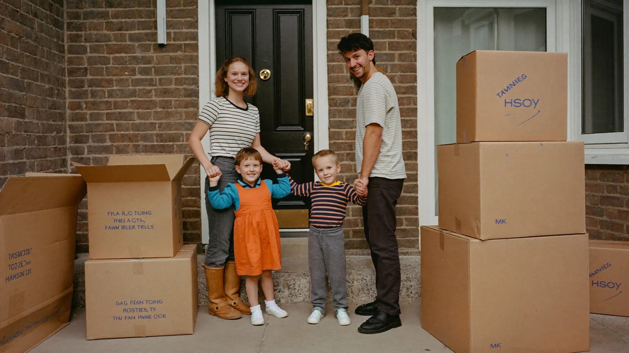 A first-time buyer receiving the keys to their new UK home from an estate agent on completion day.