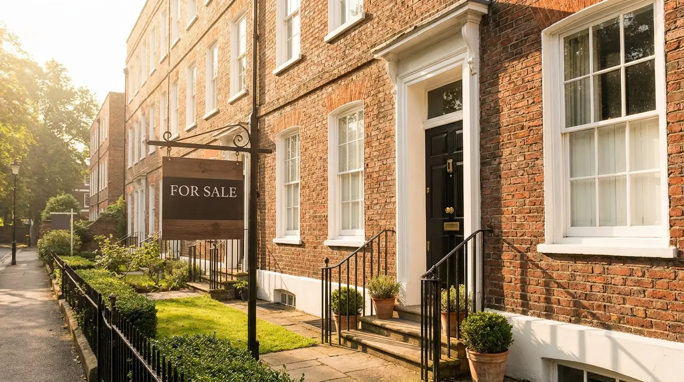A buyer shaking hands with an estate agent in front of a 'Sold' board outside a terraced house.