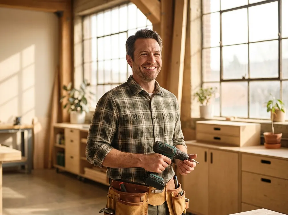 A tradesperson at work in a bright workshop